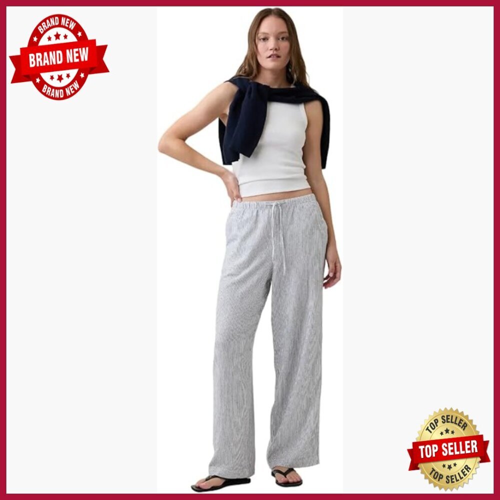 Wide Leg Linen Pull On Pants Mid Rise Casual Spring Summer